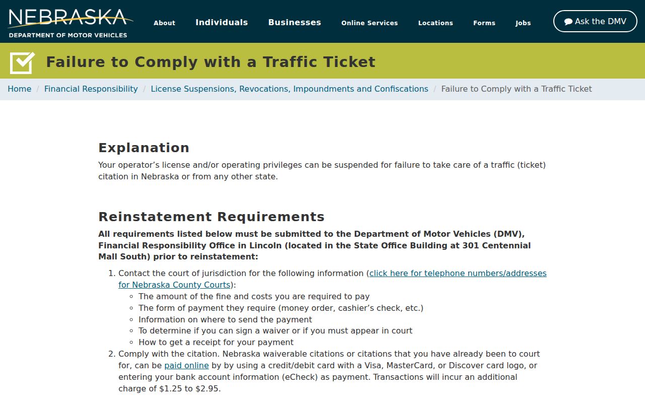 Nebraska court compliance notice for Sherman County traffic warrant records