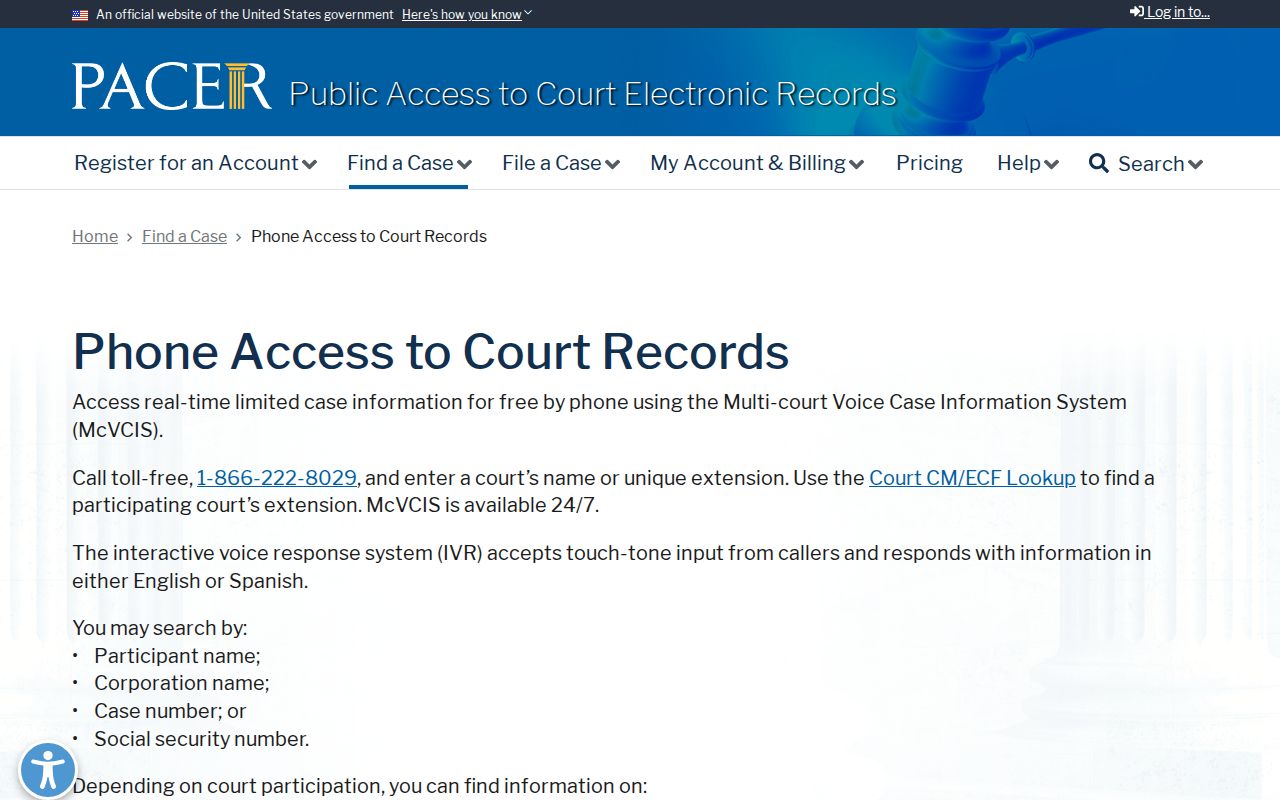 McVCIS federal phone access route separate from Sherman County records