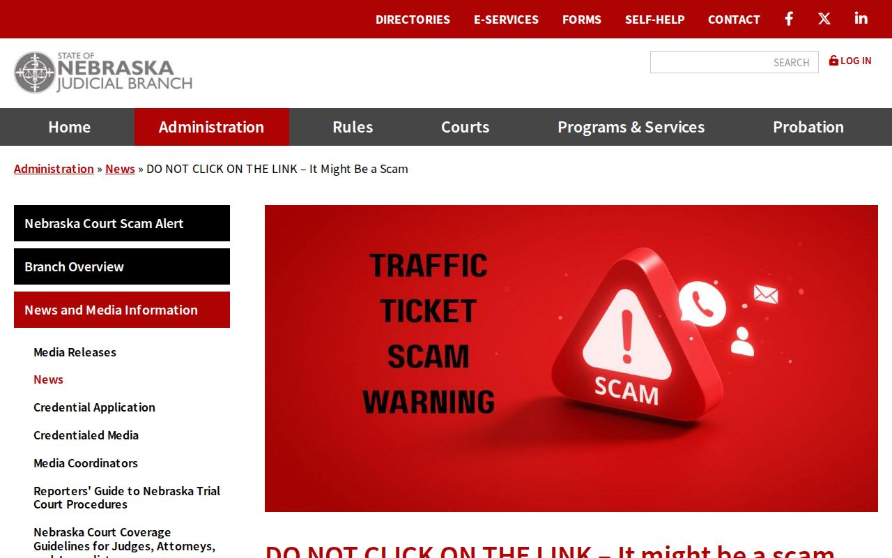 Nebraska official traffic payment scam warning for Sherman County court users